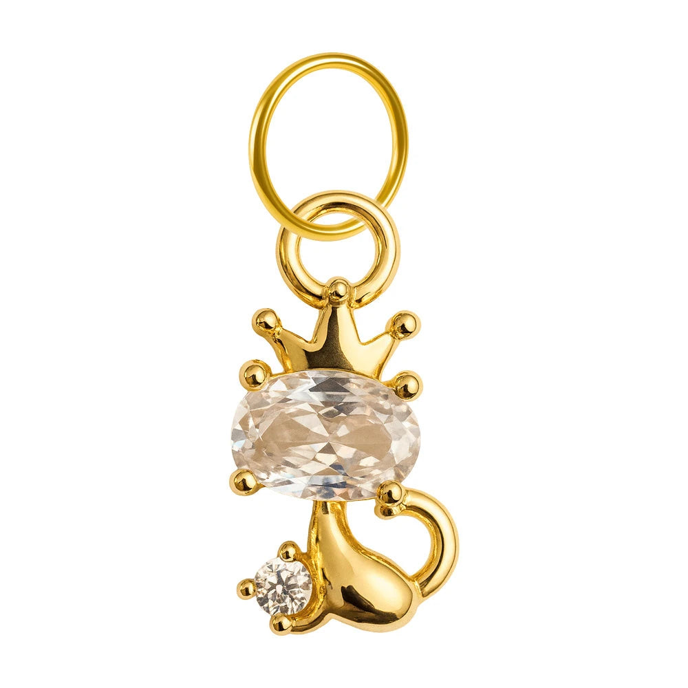 Charm colgante dorado de gato con corona y piedra ovalada con aro de acero