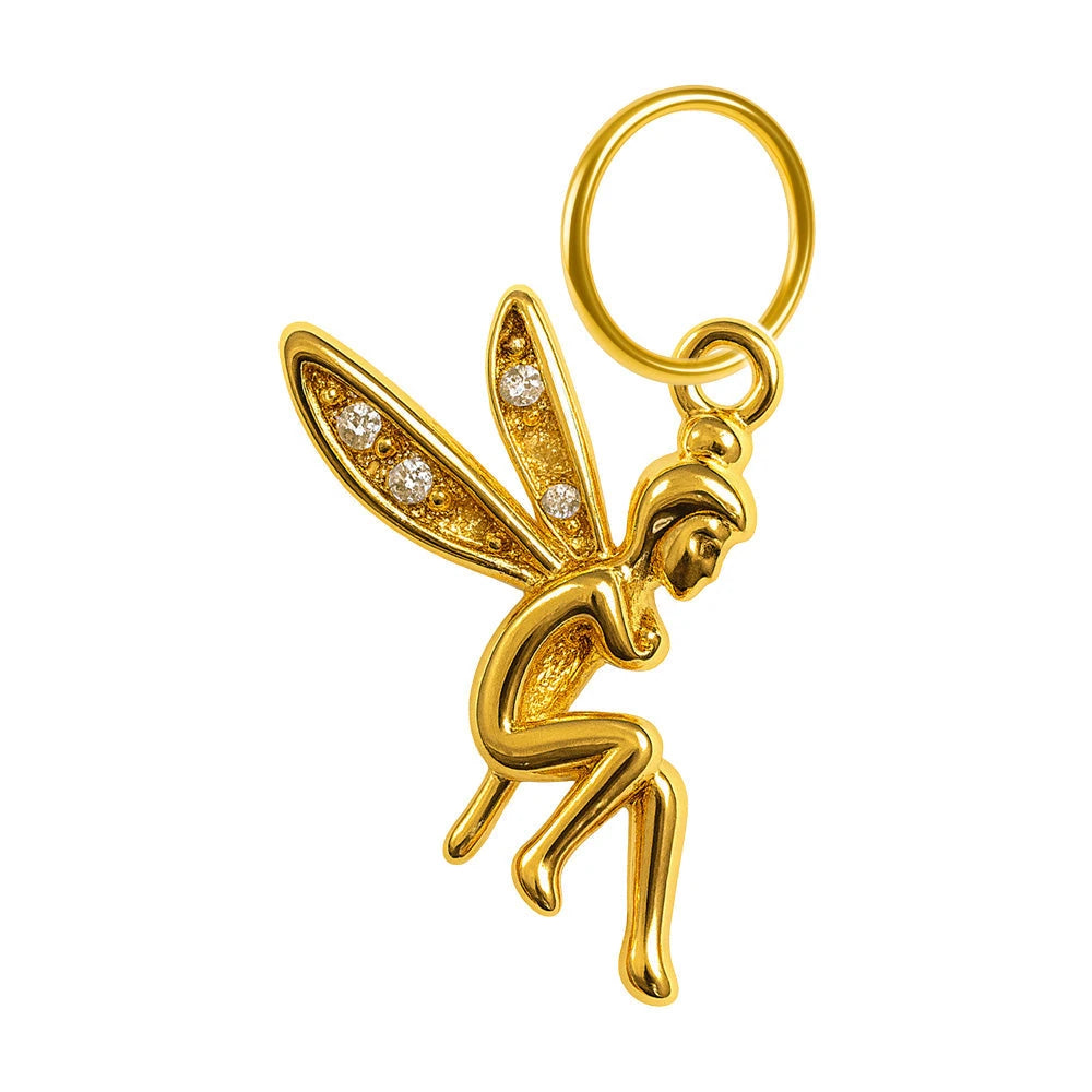 Charm colgante dorado de hada con circonitas y aro de acero