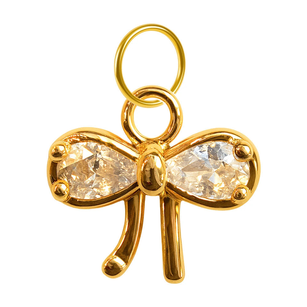 Charm colgante dorado de lazo con circonitas y aro de acero