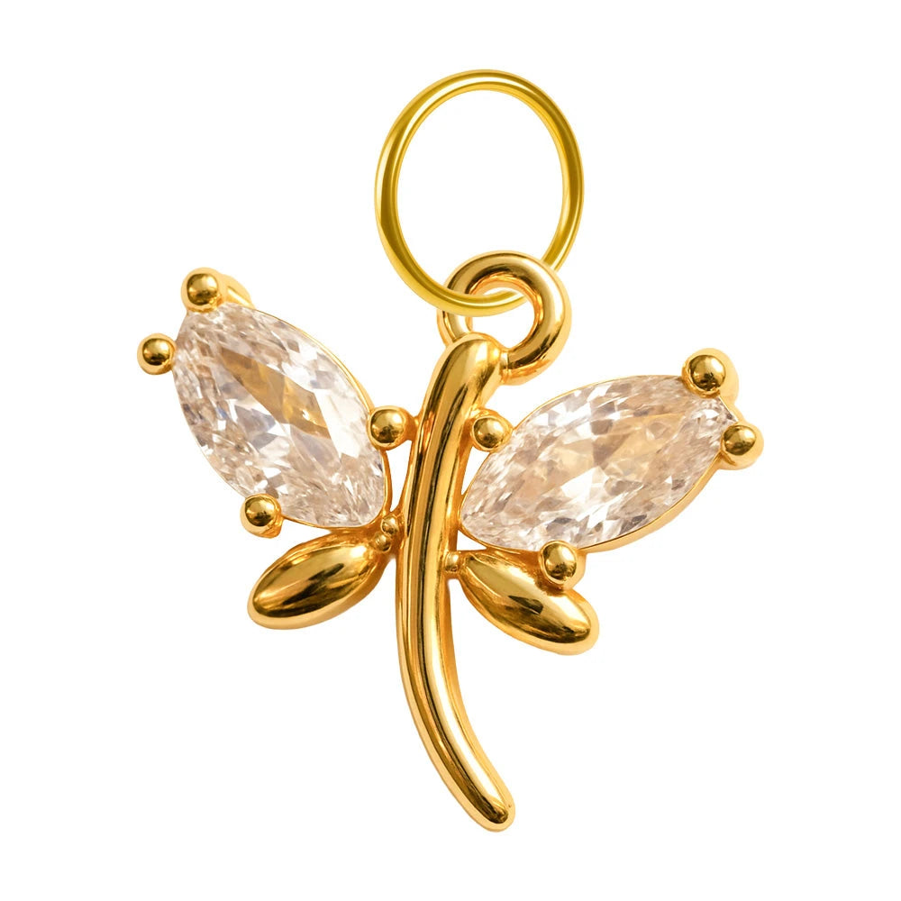 Charm colgante dorado de libélula con circonitas y aro de acero