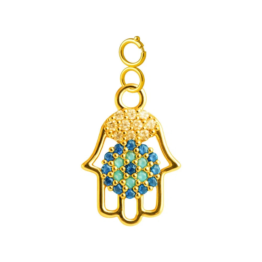 Charm colgante dorado de Mano de Fátima azul con circonitas y cierre de acero