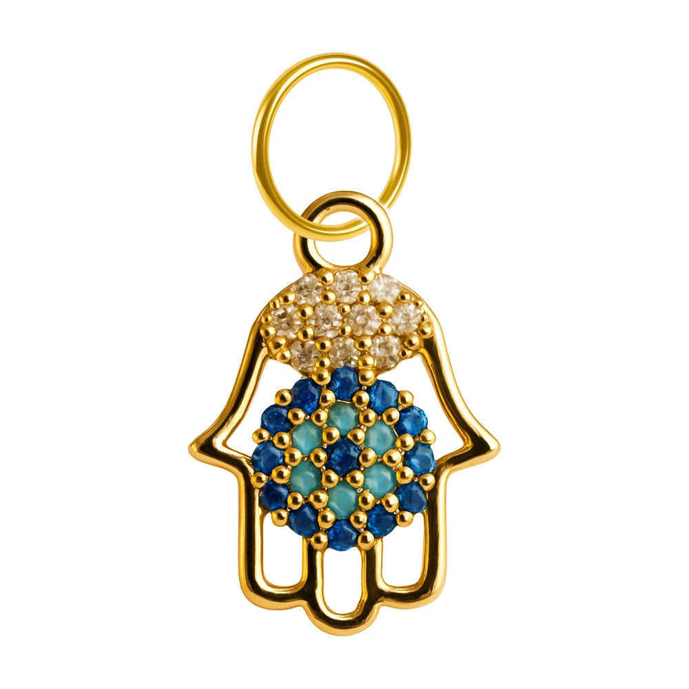 Charm colgante dorado de Mano de Fátima azul con circonitas y aro de acero
