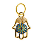 Charm colgante dorado de Mano de Fátima azul con circonitas y aro de acero