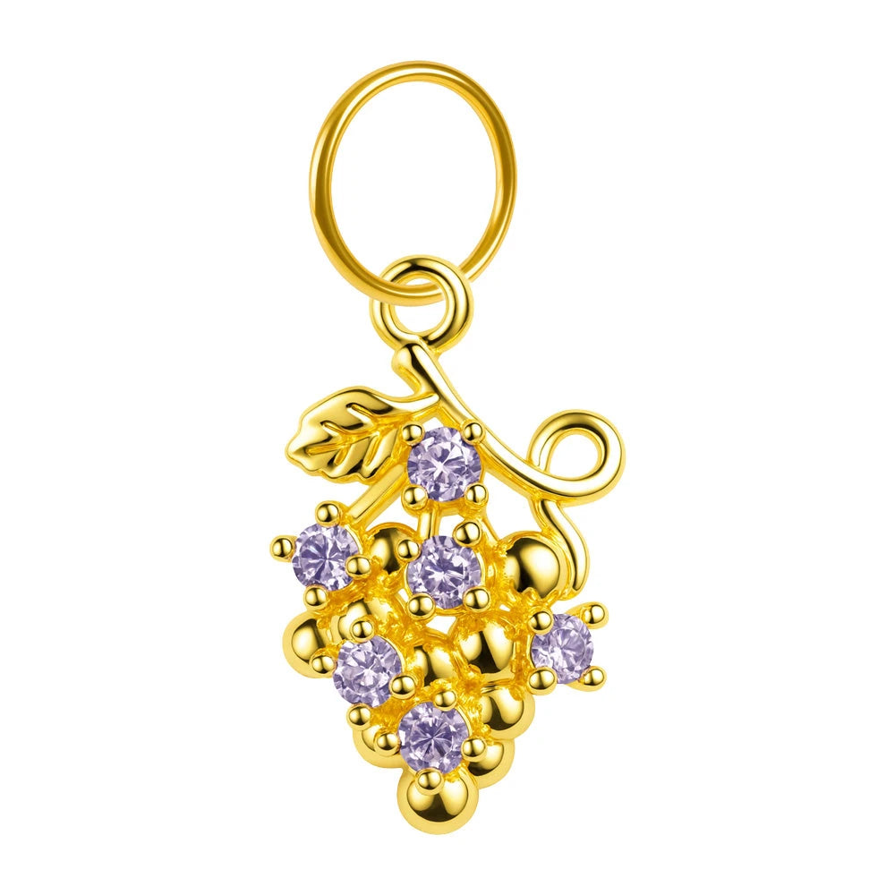 Charm colgante dorado de racimo de uvas con circonitas lila con aro de acero