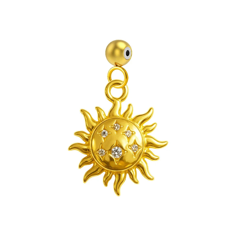 Charm colgante dorado de sol con cara y seis circonitas con bola de acero con goma