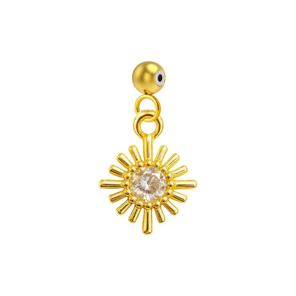 Charm colgante de sol radiante dorado con circonita central y bola de acero con goma