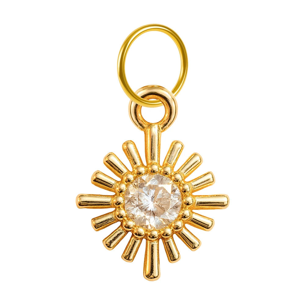 Charm colgante de sol radiante dorado con circonita central y aro de acero