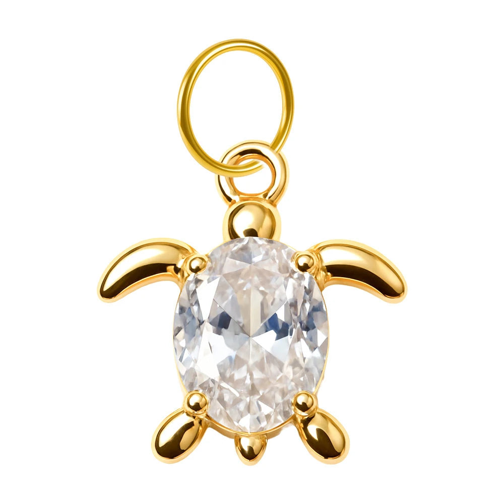 Charm colgante dorado de tortuga con piedra ovalada y aro de acero