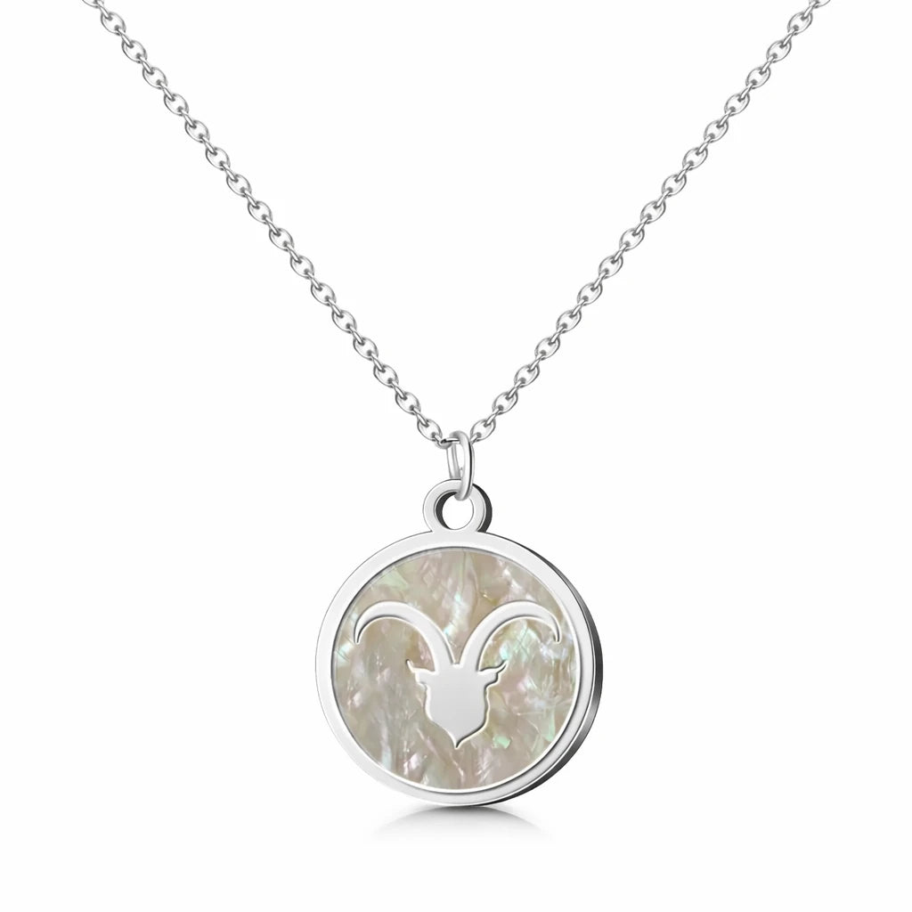 Colgante Aries en Acero Plateado con Nácar Blanco