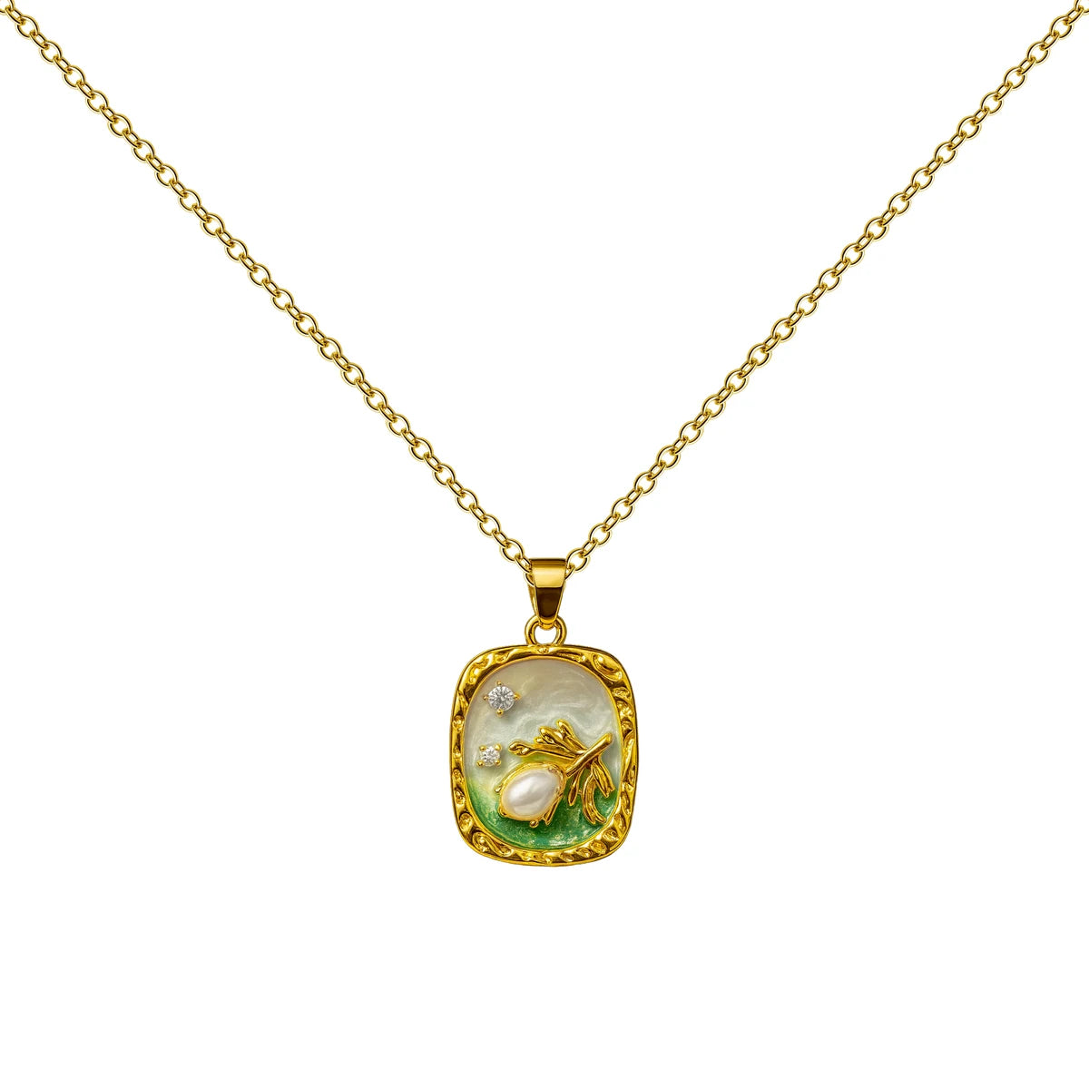 Colgante Chapado Oro 14K Nácar Verde Hoja Perla Y Circonita