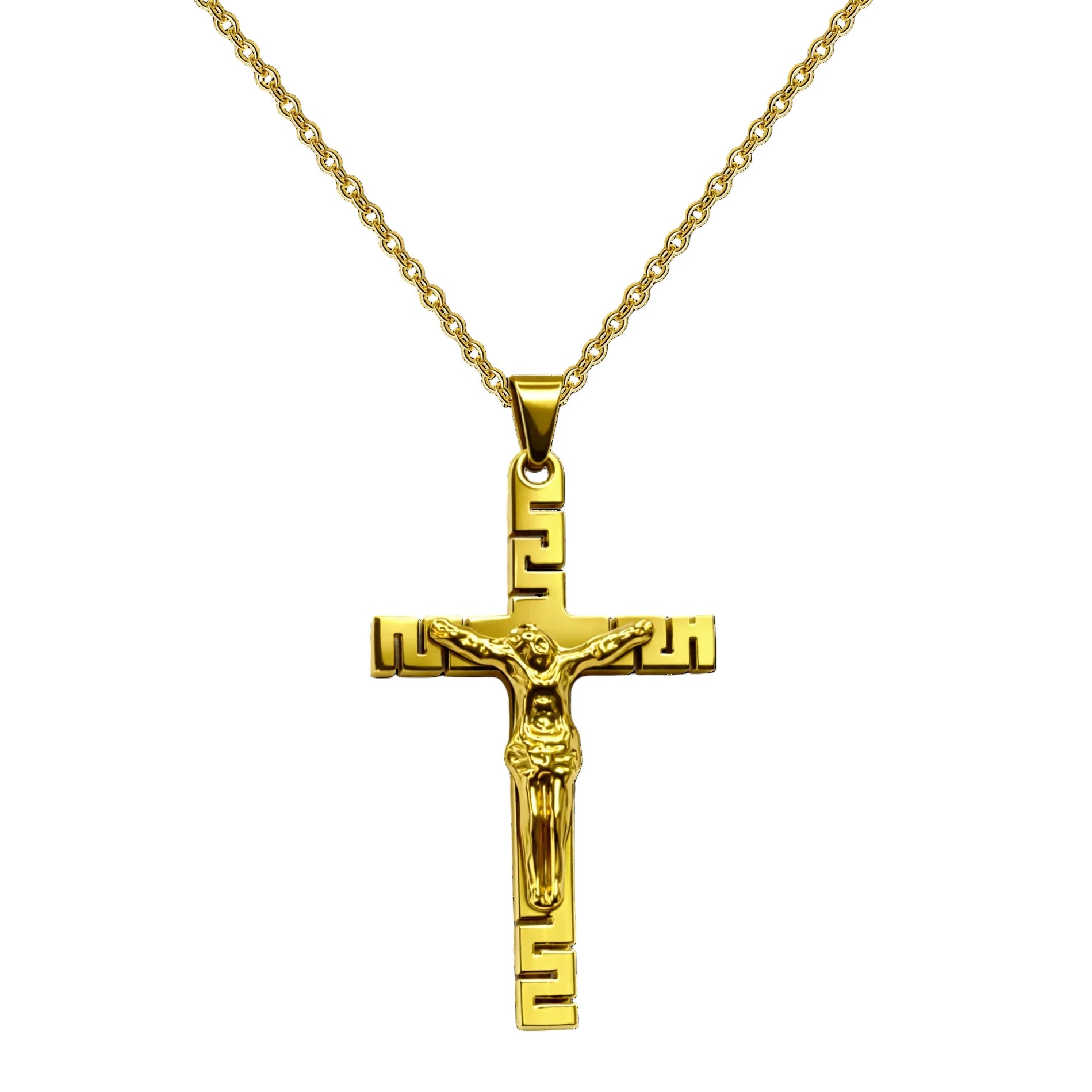 Cruz religiosa con Jesús crucificado en collar de acabado dorado con relieve devocional