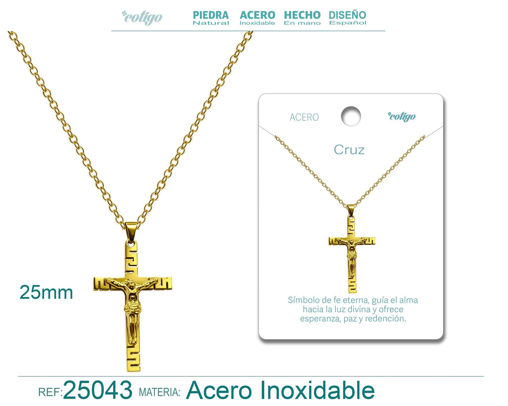 Collar Cruz con Jesús Crucificado en Acero Dorado detalle