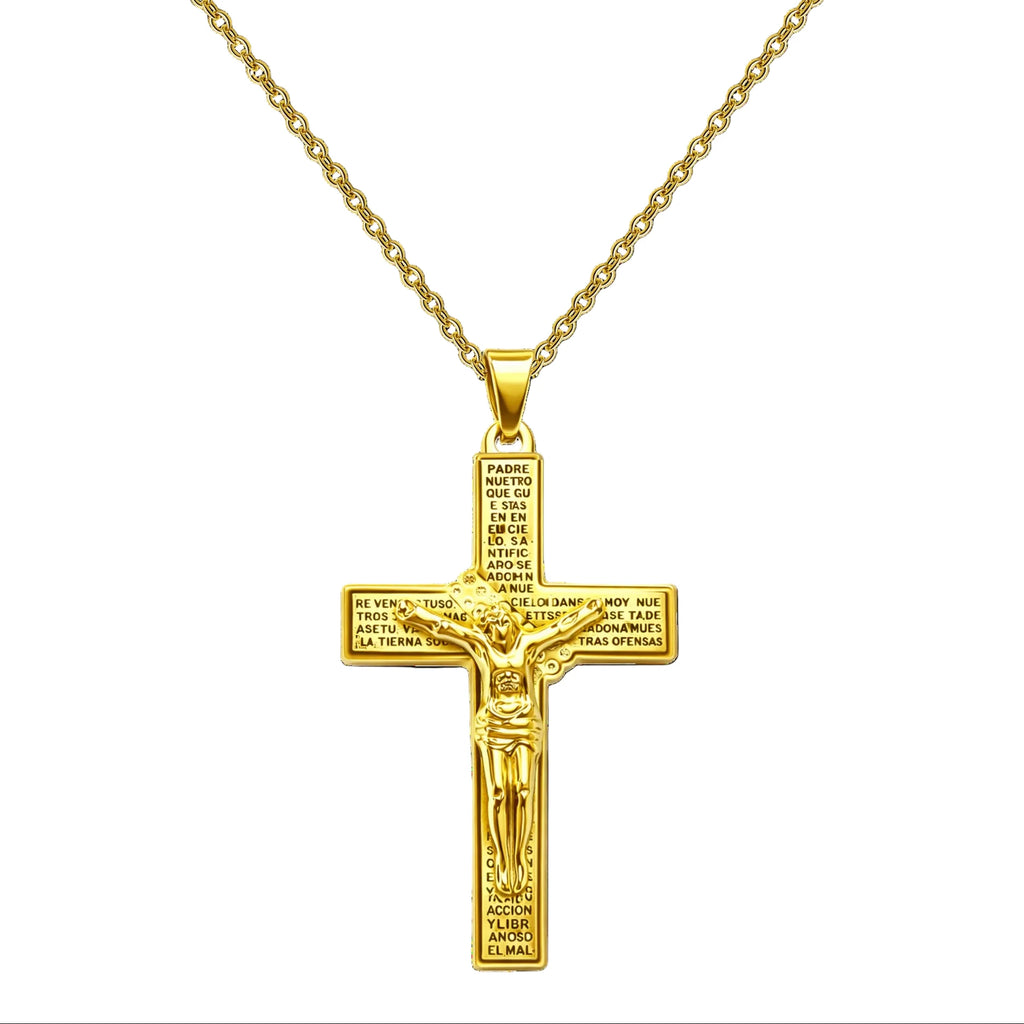 Collar con cruz de Jesús crucificado y oración Padre Nuestro en acero dorado