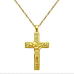Collar con cruz de Jesús crucificado y oración Padre Nuestro en acero dorado