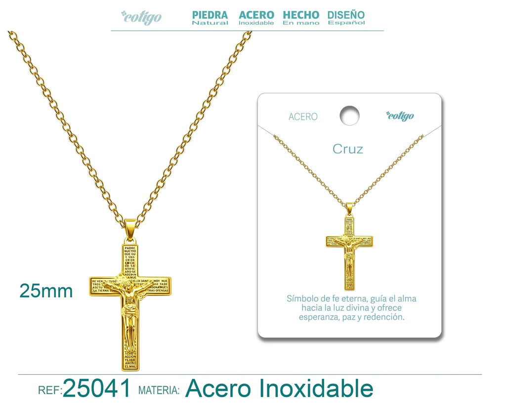 Collar con Cruz de Jesús Crucificado Y Oración del Padre Nuestro en Acero Dorado detalle
