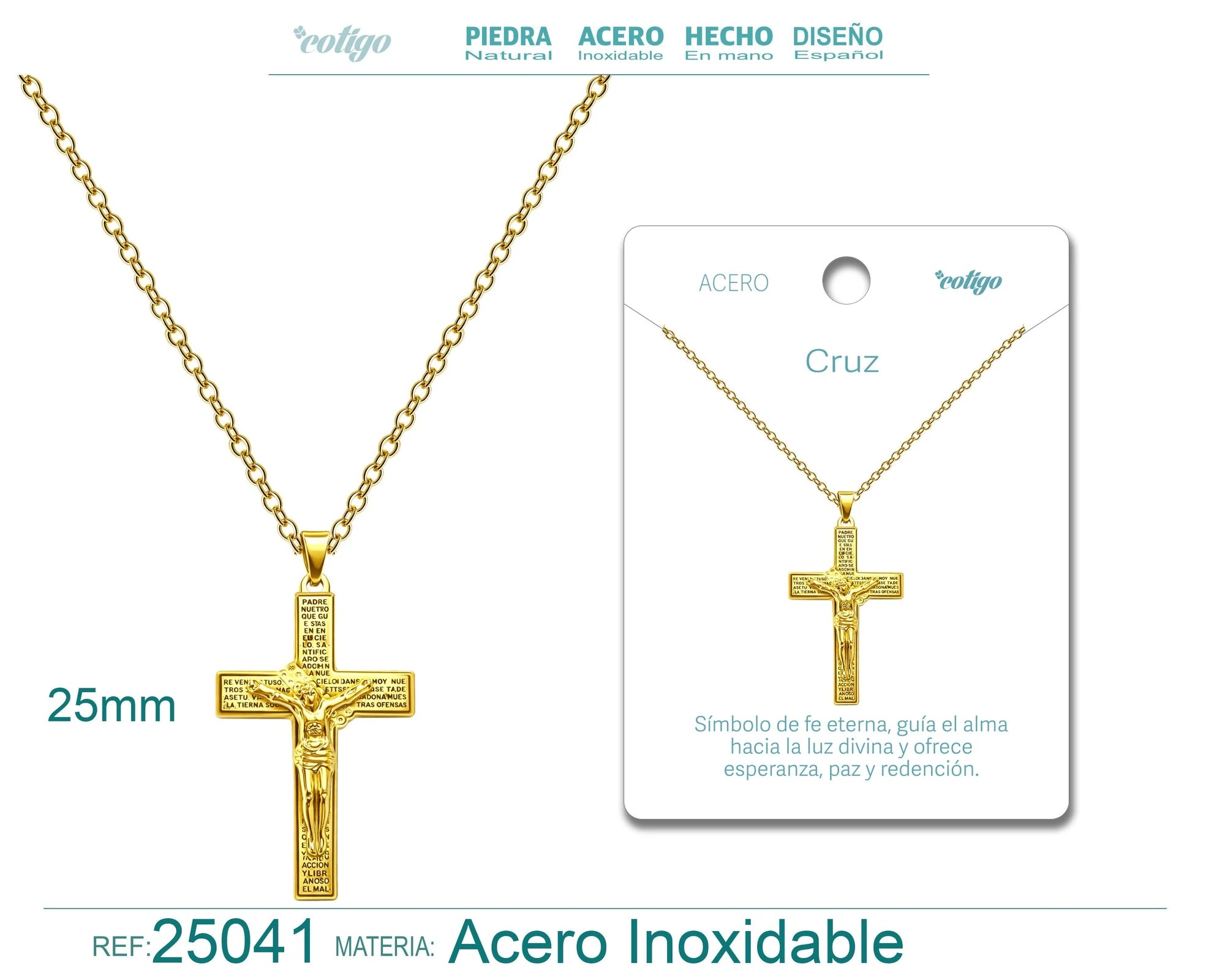 Collar con Cruz de Jesús Crucificado Y Oración del Padre Nuestro en Acero Dorado detalle