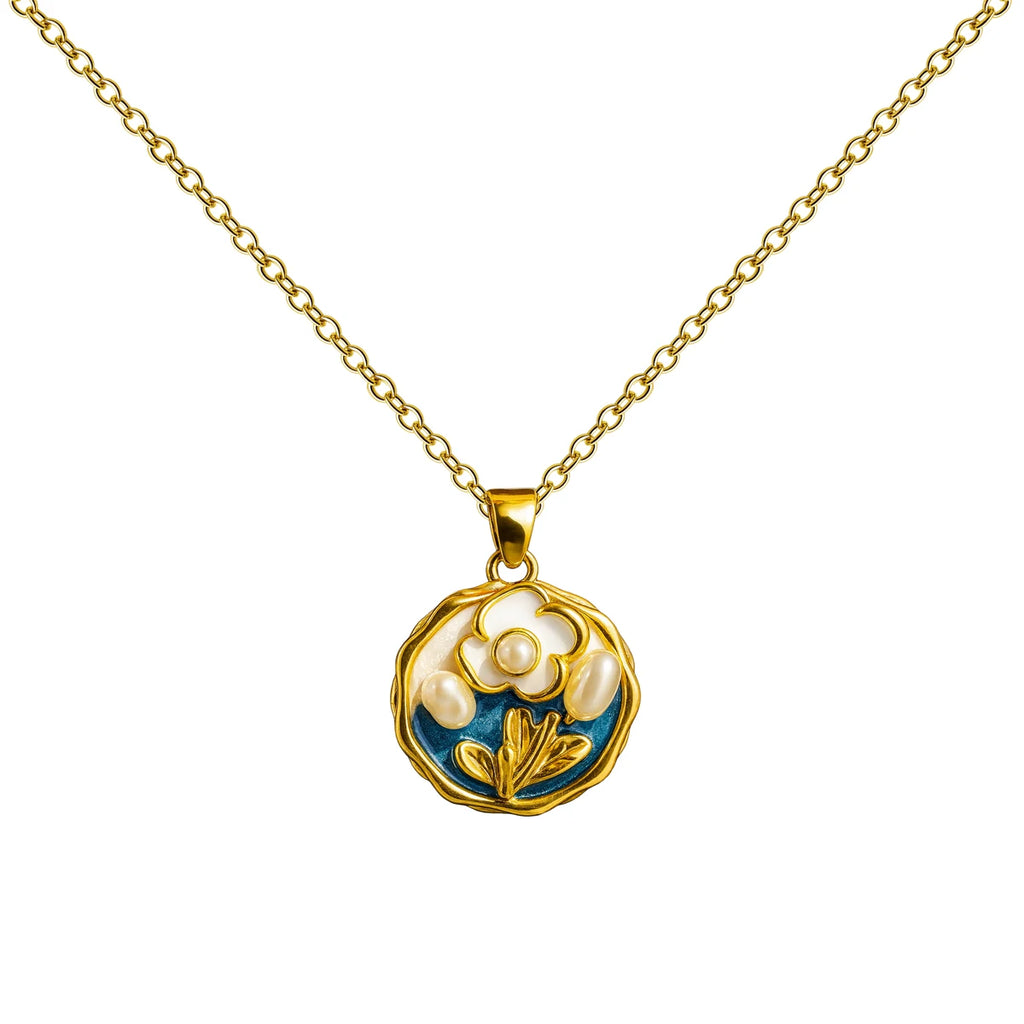 Colgante Floral Azul con Perla