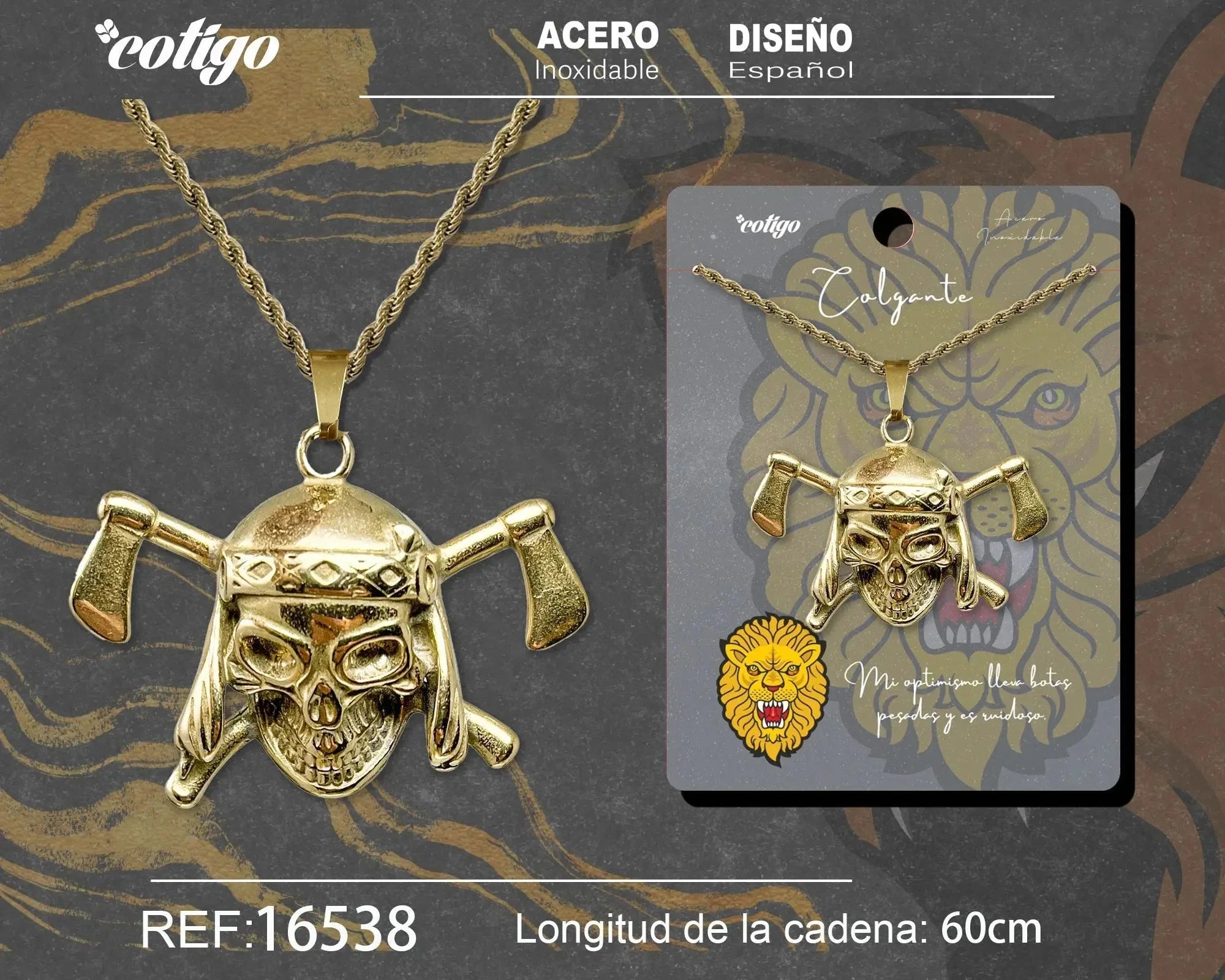Colgante Hombre Acero Calavera Pirata Hachas Dorado