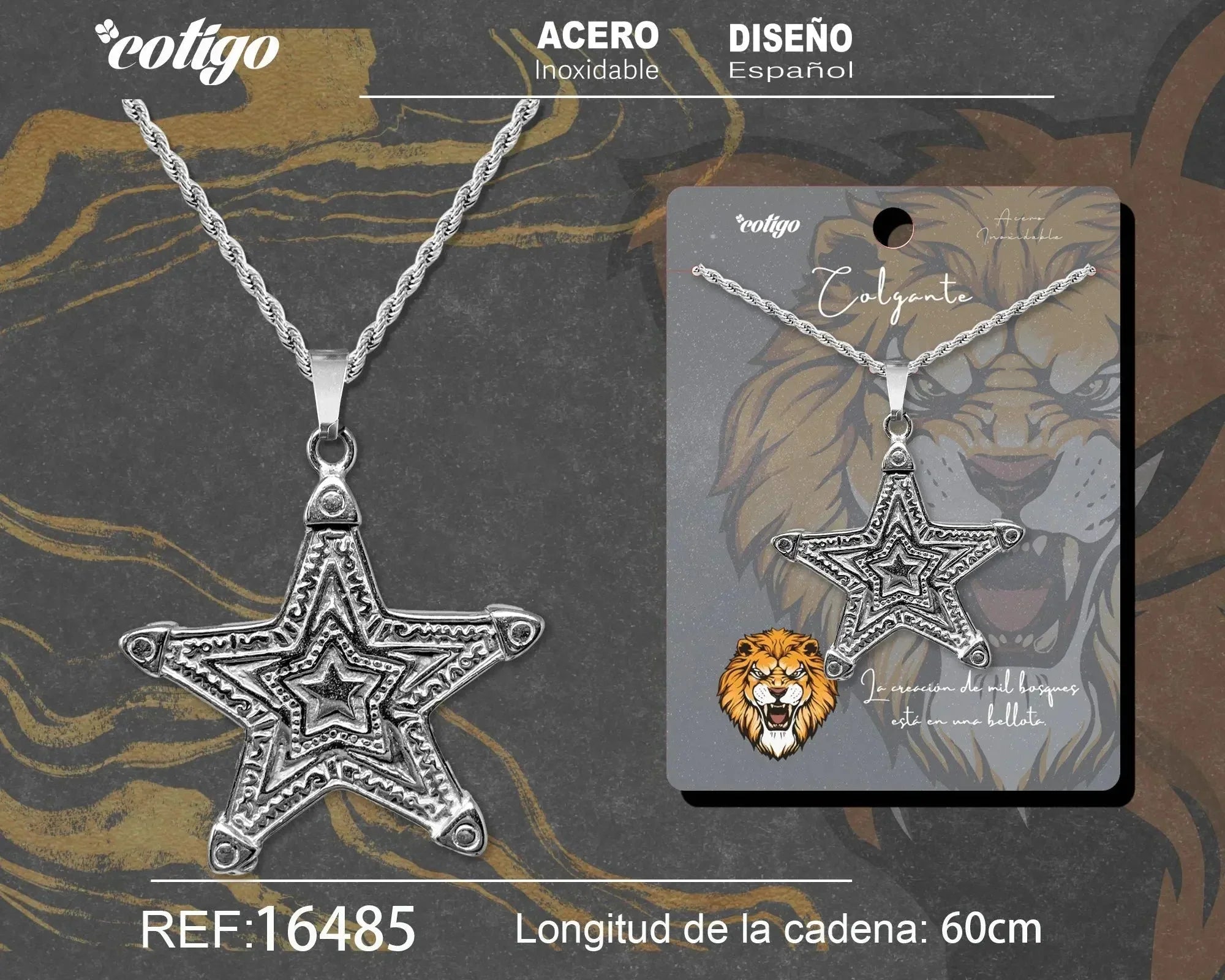 Colgante Hombre Acero Estrella Cinco Puntas Plateado - Plateado
