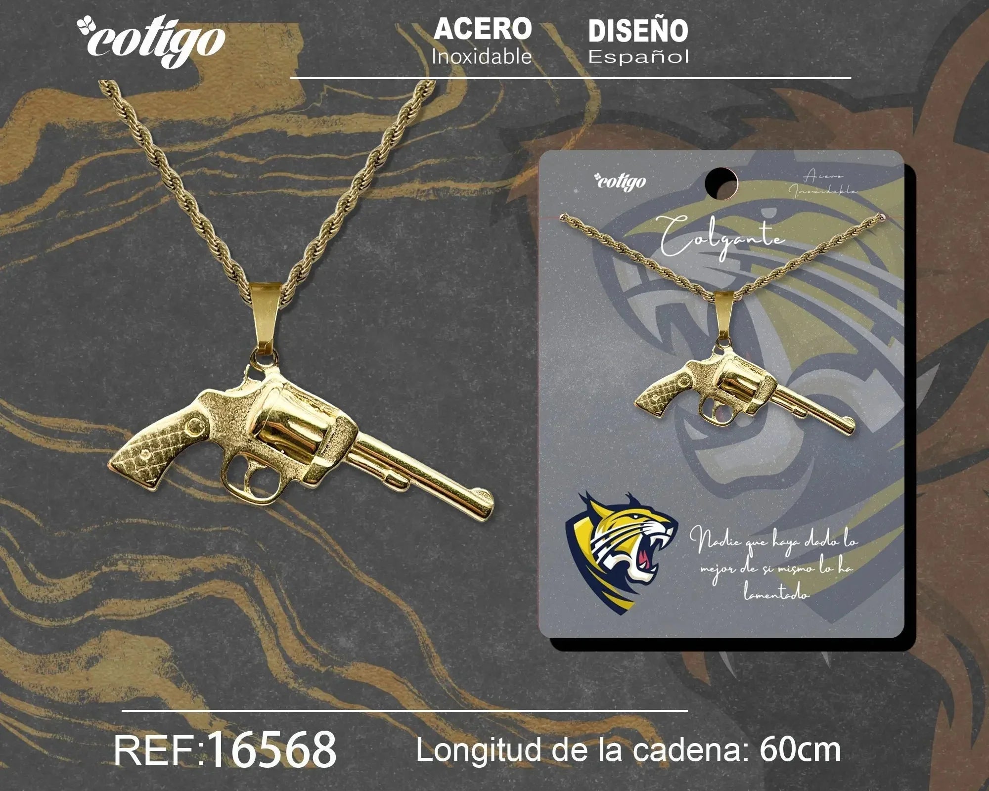 Colgante Hombre Acero Pistola Revólver Dorado