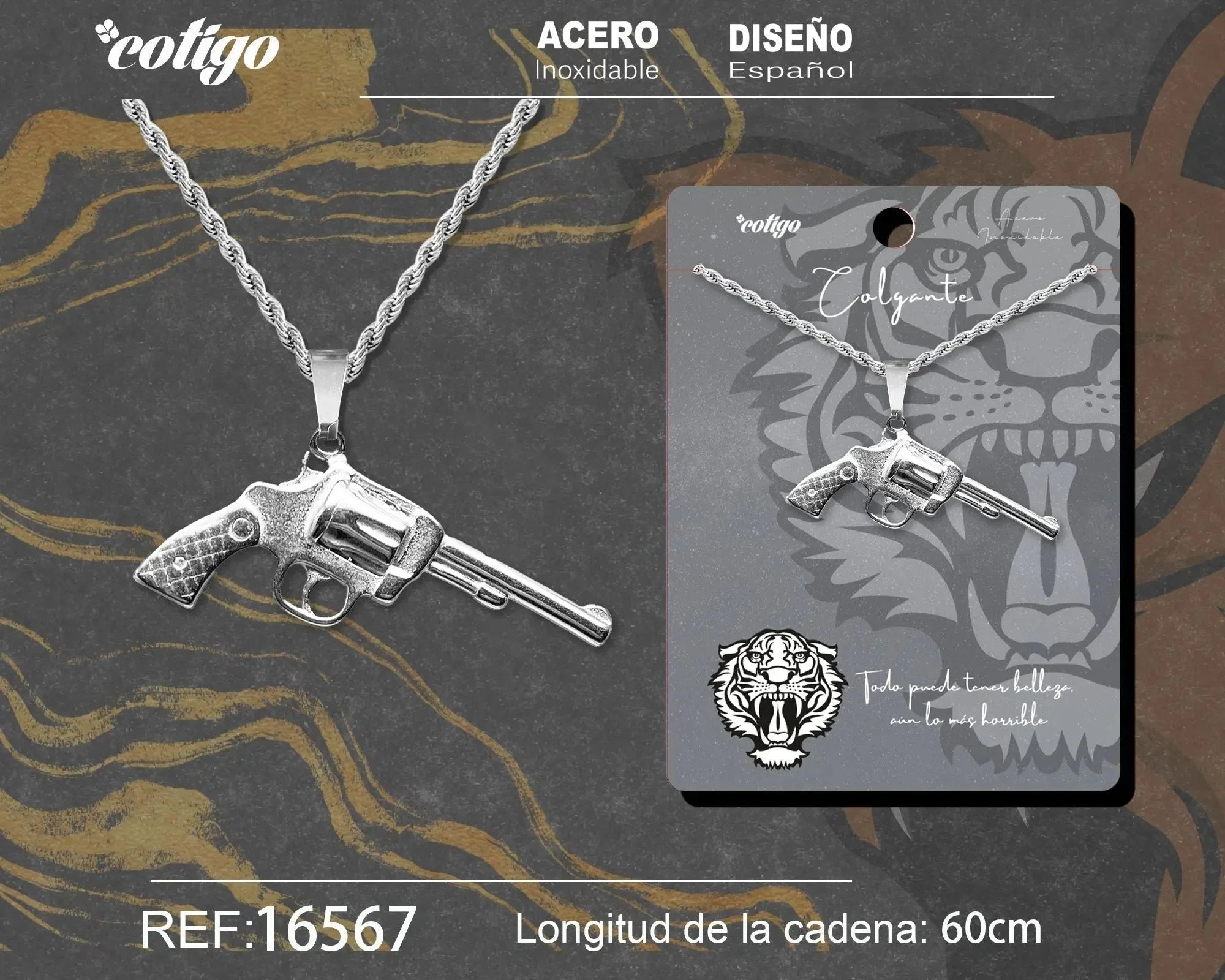 Colgante Hombre Acero Pistola Revólver Plateado