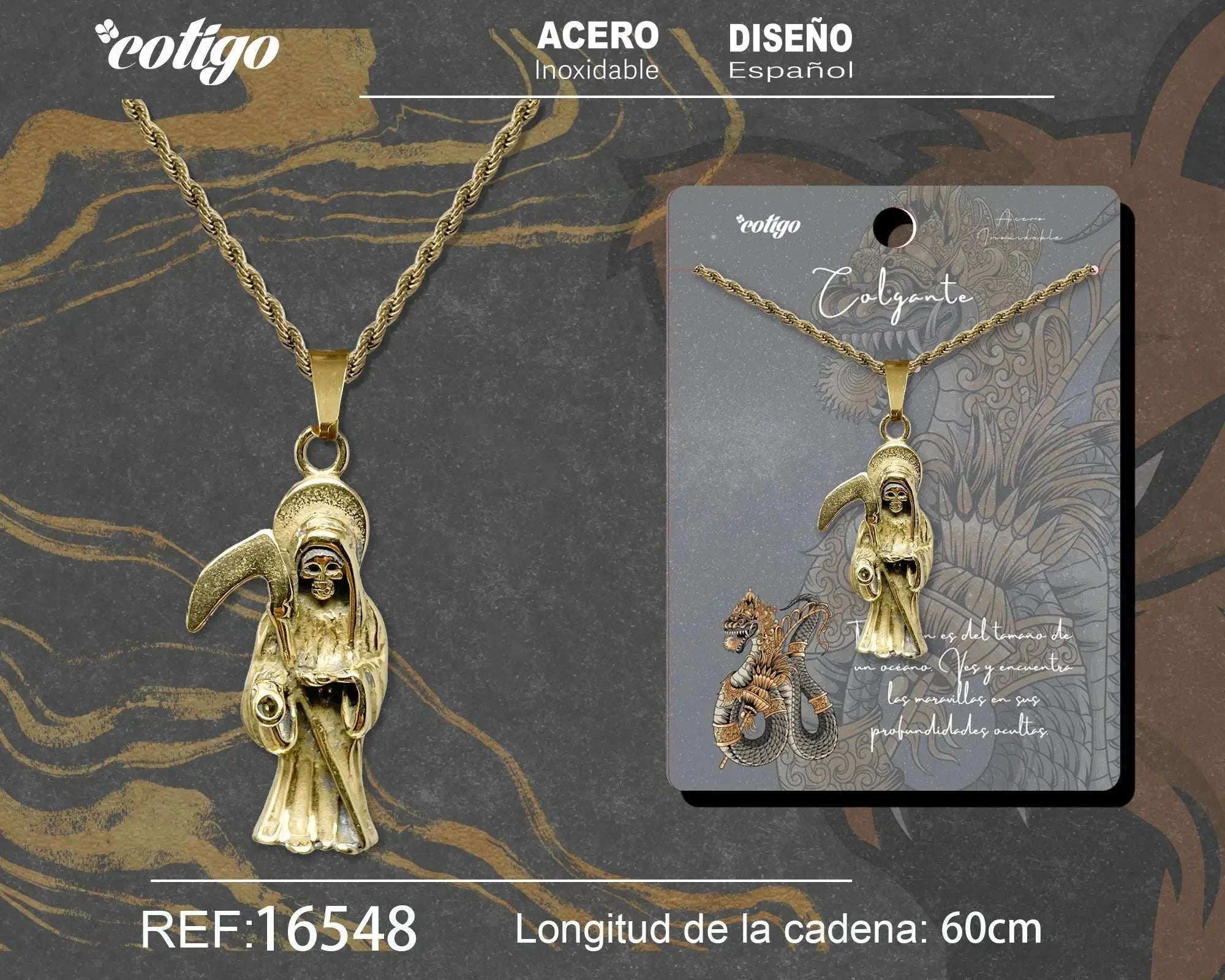 Colgante Hombre Acero Santa Muerte Guadaña Dorado