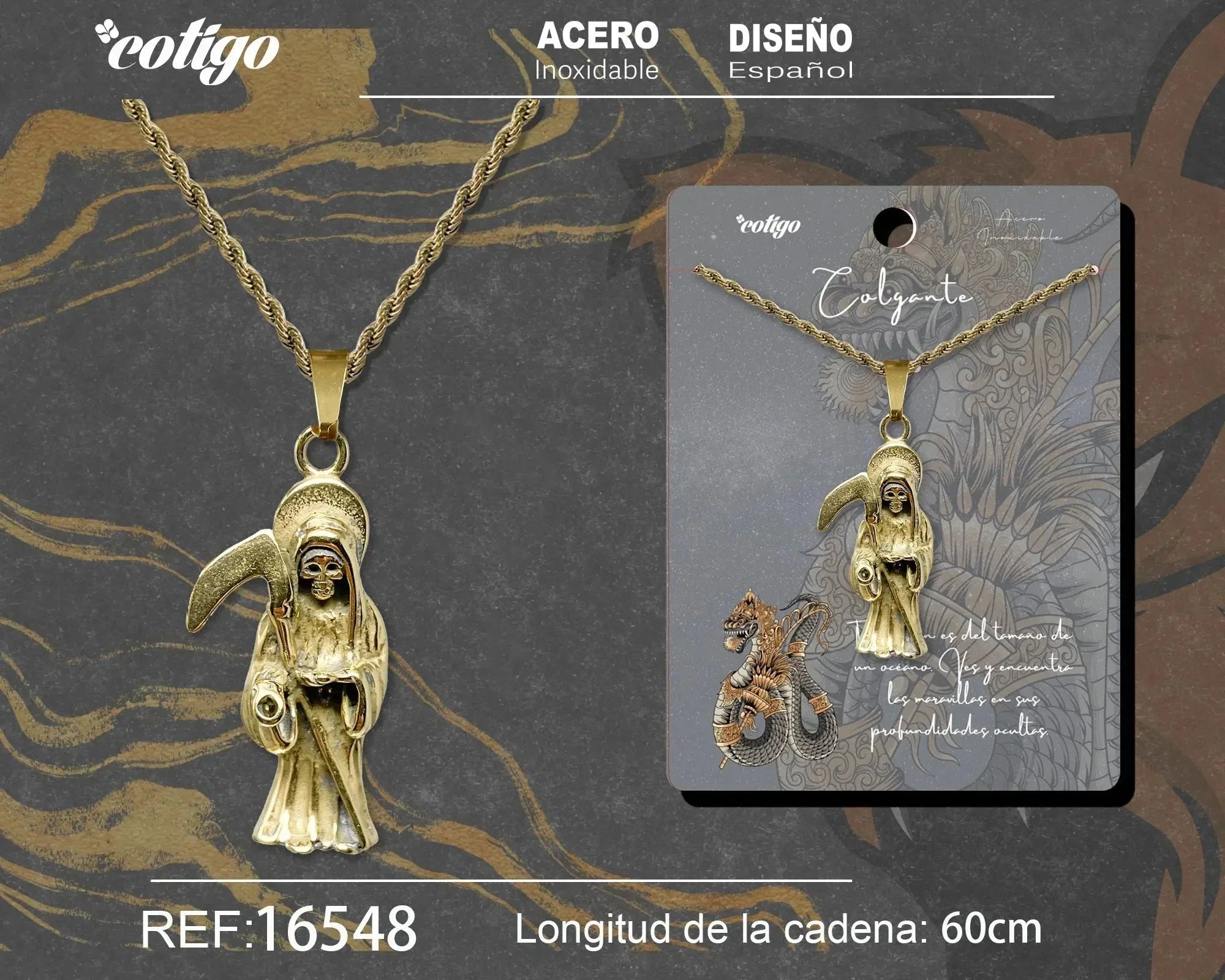 Colgante Hombre Acero Santa Muerte Guadaña Dorado - Dorado