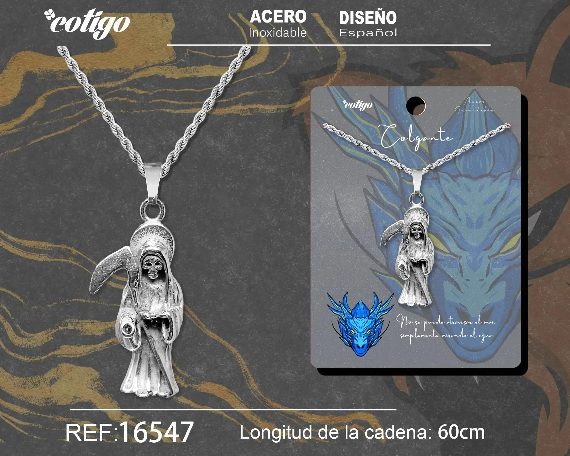 Colgante Hombre Acero Santa Muerte Guadaña Plateado