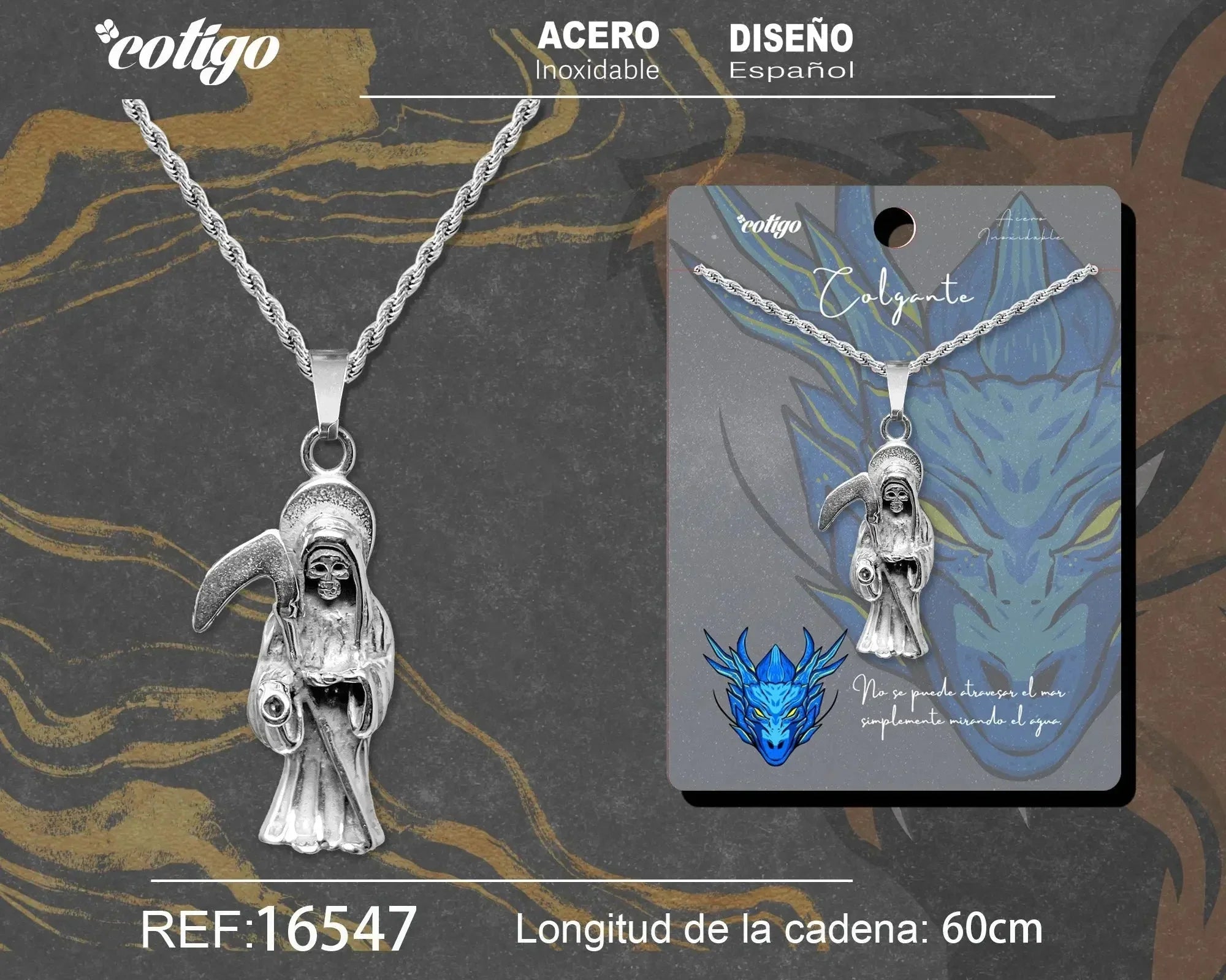 Colgante Hombre Acero Santa Muerte Guadaña Plateado - Plateado
