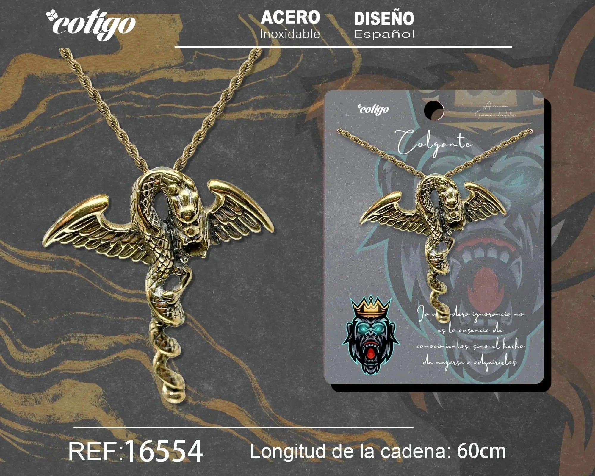 Colgante Hombre Acero Serpiente Alada Dorado
