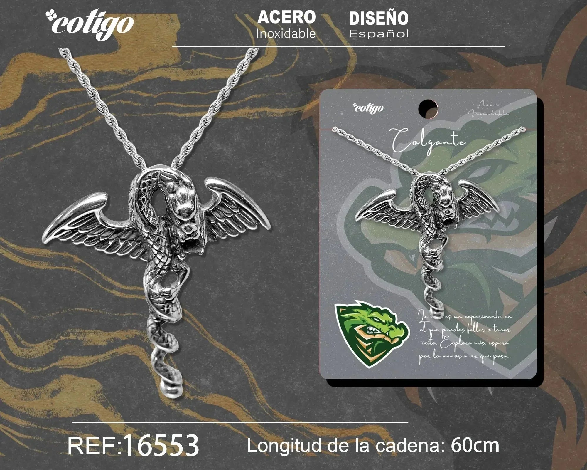 Colgante Hombre Acero Serpiente Alada Plateado - Plateado