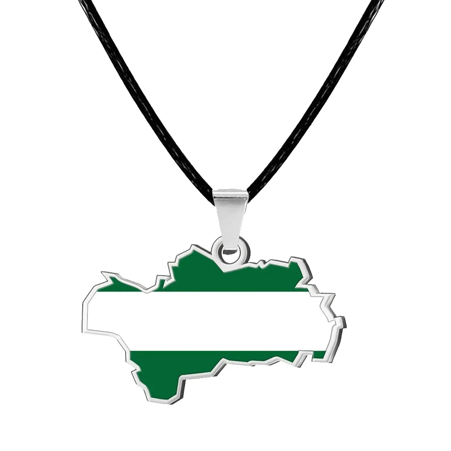 Colgante mapa de Andalucía con diseño de bandera en acero inoxidable plateado