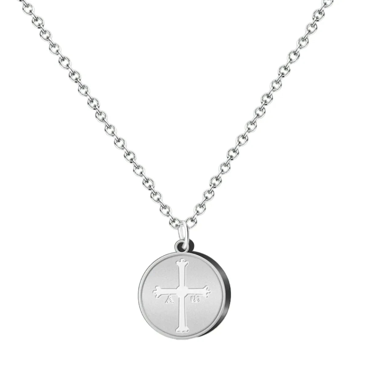Colgante de acero plateado con medalla redonda y la silueta de la Cruz de la Victoria.