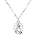 Collar con medalla ovalada de la Virgen de la Fuensanta en acero plateado, grabado trasero