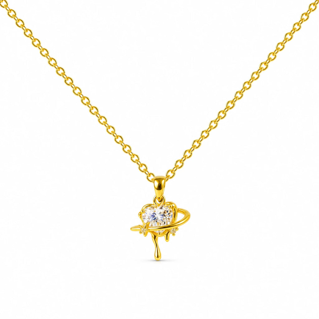 Colgante Planeta Y Corazón Dorado 14K con Circonitas detalle
