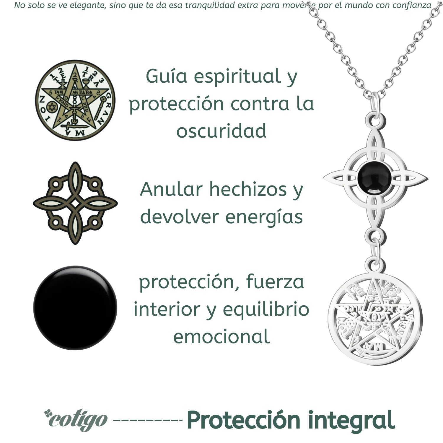 Colgante Triple Protección: Nudo de Bruja, Tetragrámaton Y Ágata Negra en Acero acabado