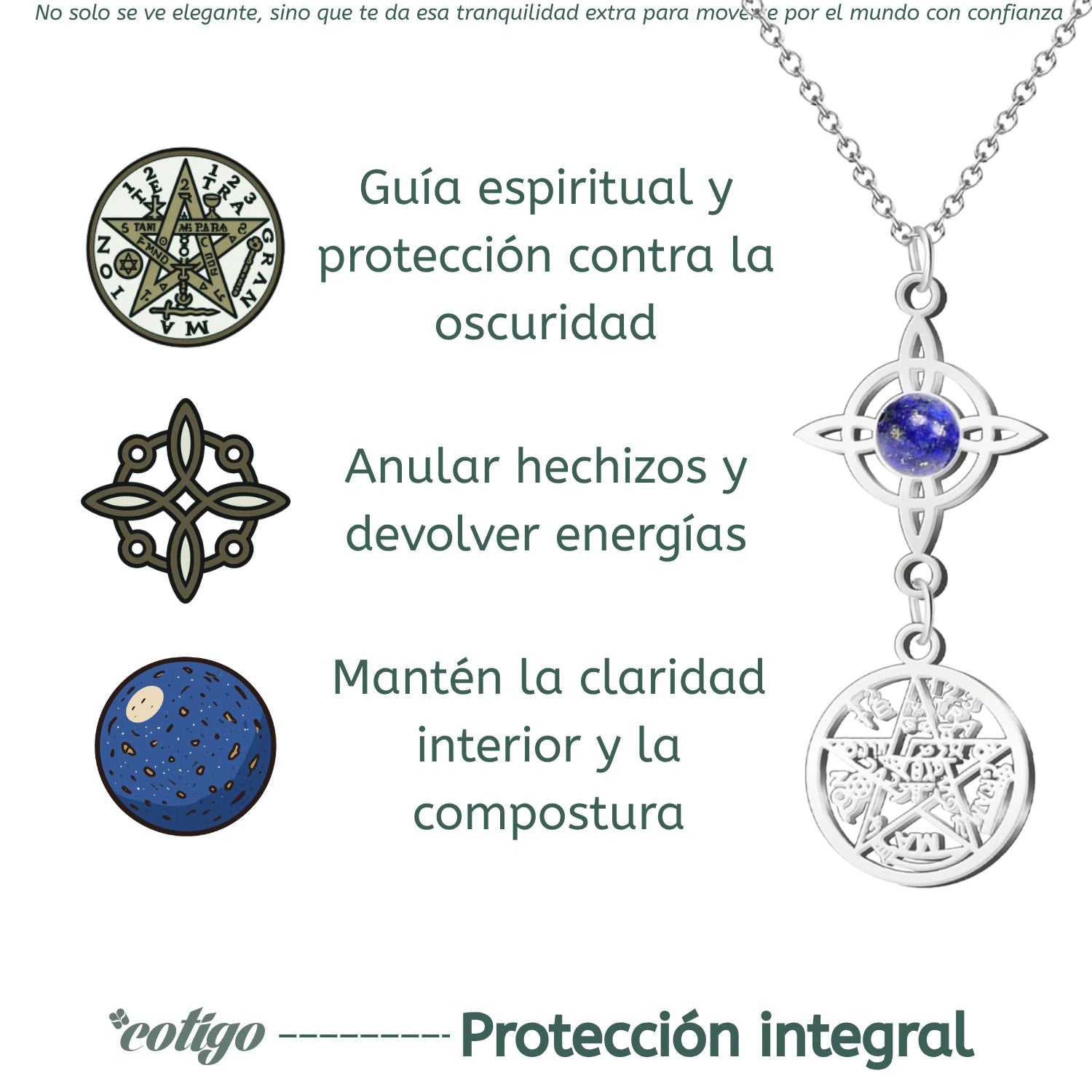 Colgante Triple Protección: Nudo de Bruja, Tetragrámaton Y Lapislázuli en Acero acabado