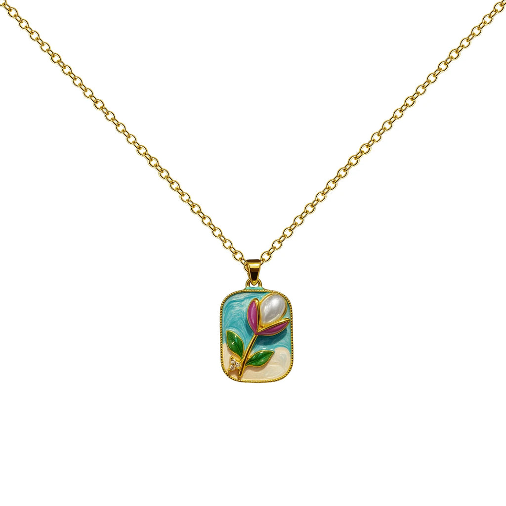Colgante Tulipán Rosa en Marco Dorado