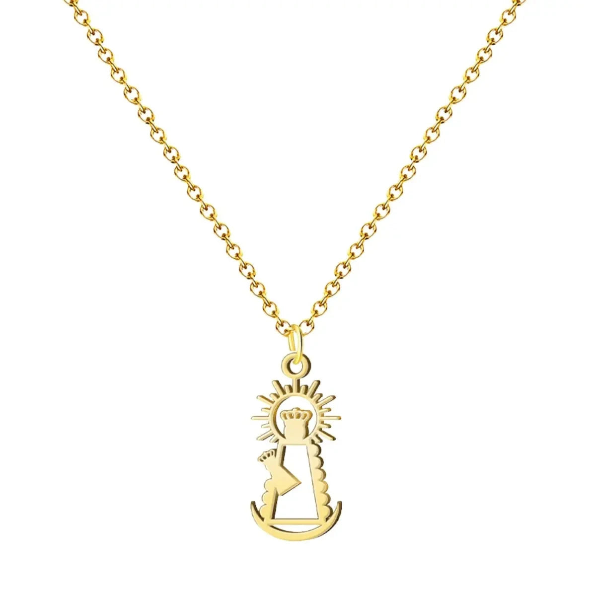 Colgante silueta Virgen de la Bien Aparecida en acero dorado con cadena de eslabones
