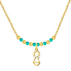 Collar gargantilla con colgante silueta Virgen de Covadonga acero dorado y cuentas color turquesa