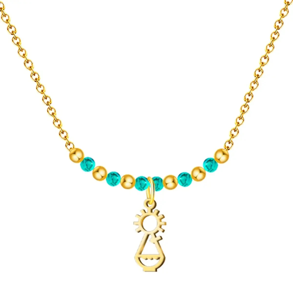 Collar gargantilla con colgante silueta Virgen de Covadonga acero dorado y cuentas color turquesa