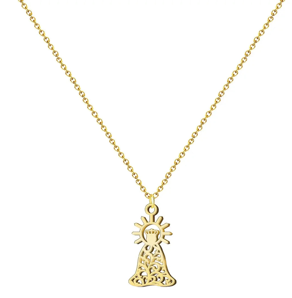 Colgante silueta Virgen de la Esperanza Macarena con diseño de filigrana en acero dorado