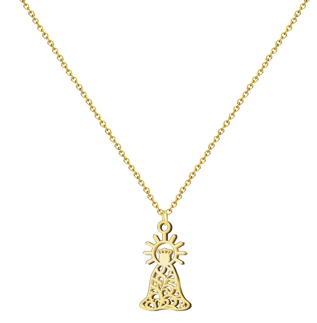 Colgante silueta Virgen de la Esperanza Macarena con diseño de filigrana en acero dorado