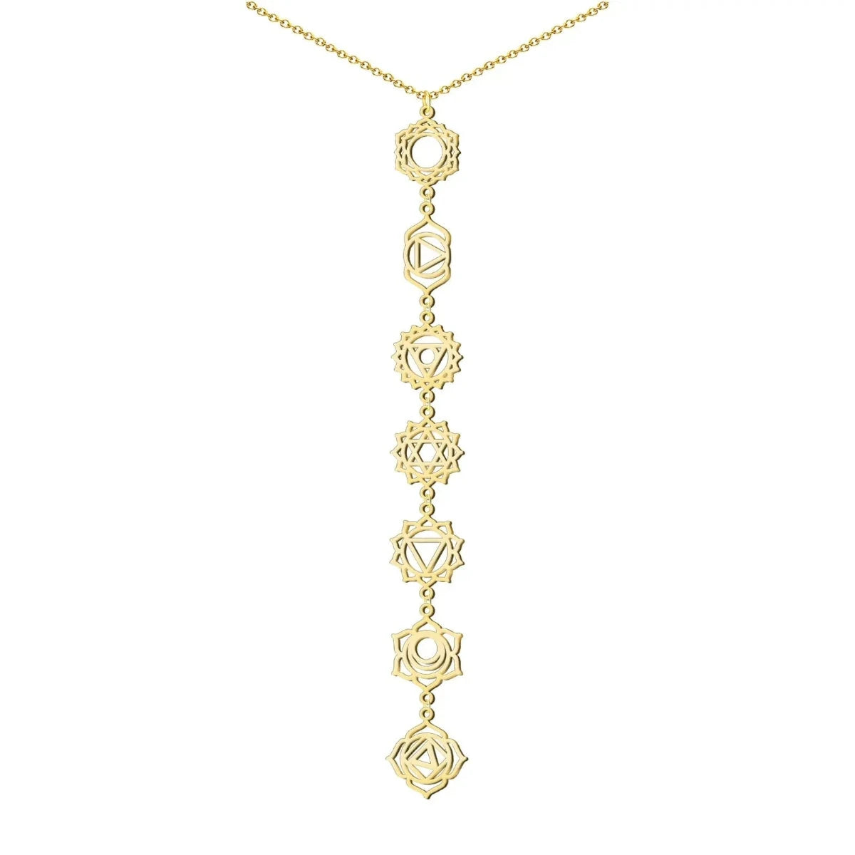 Collar largo de acero inoxidable dorado con los siete símbolos de los chakras calados en diseño vertical elegante.
