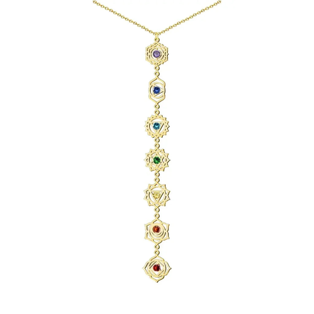 Collar 7 chakras dorado vertical acero inoxidable mujer colgante largo yoga y meditación