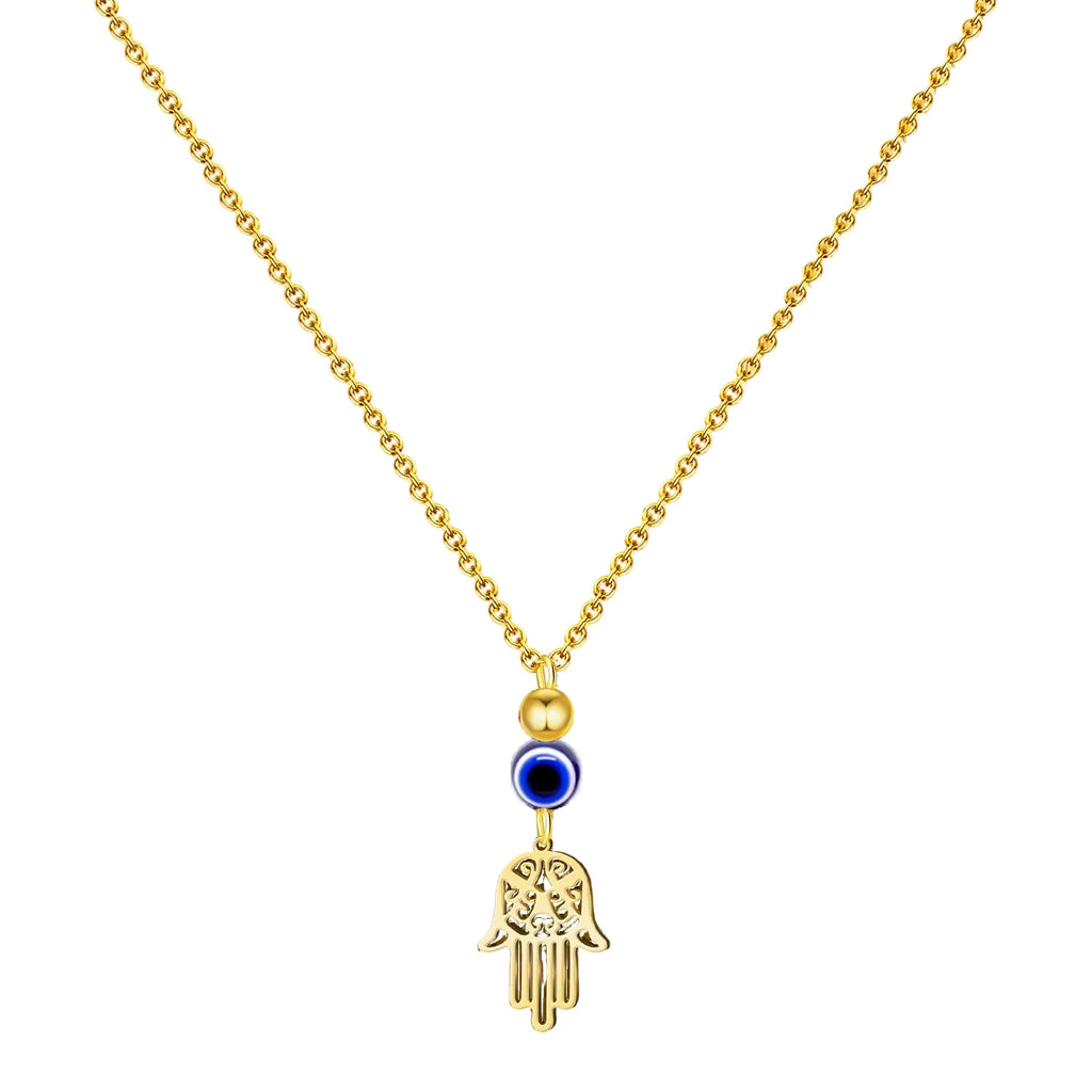 Collar de acero inoxidable dorado con colgante de Mano de Fátima calada, perla dorada y ojo turco azul.