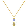Collar de acero inoxidable dorado con colgante de Mano de Fátima calada, perla dorada y ojo turco azul.