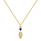 Collar de acero inoxidable dorado con colgante de Mano de Fátima calada, perla dorada y ojo turco azul.