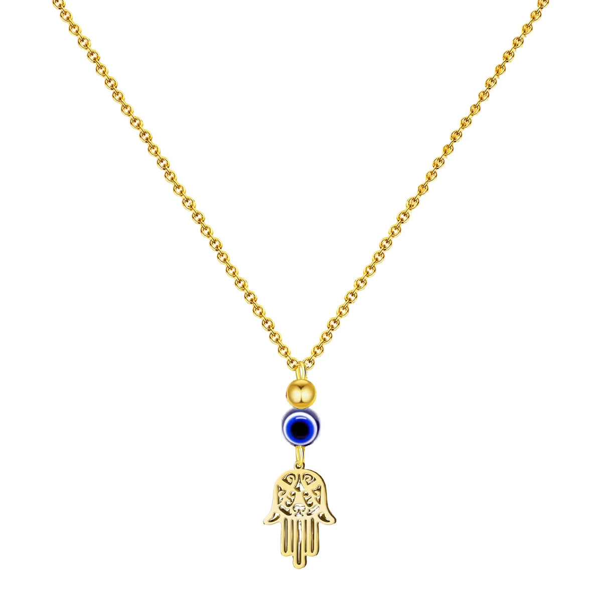Collar de acero inoxidable dorado con colgante de Mano de Fátima calada, perla dorada y ojo turco azul.