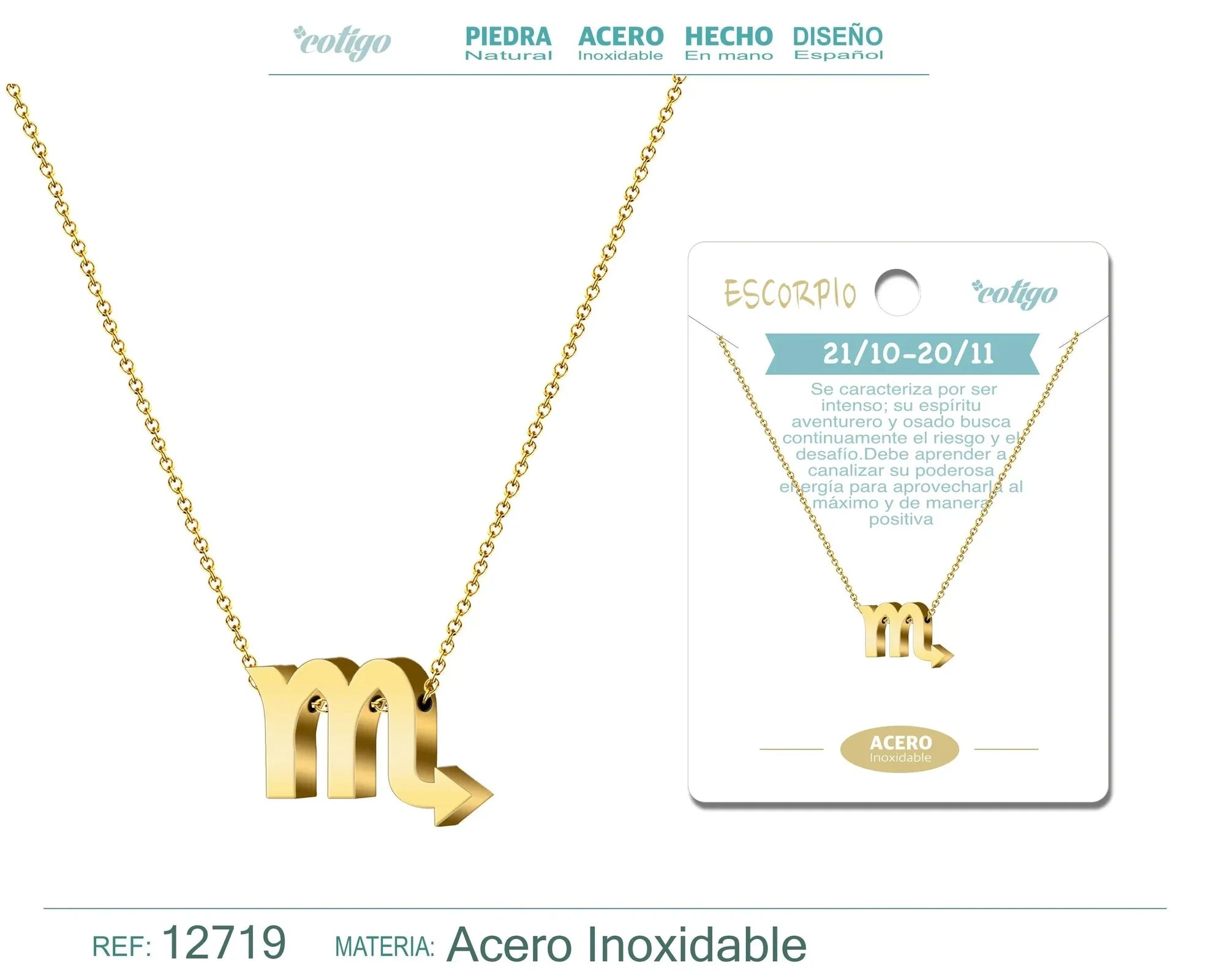 Collar Acero Zodiaco Escorpio Dorado